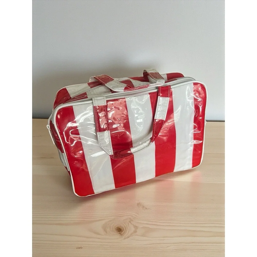 Vintage ESTEE LAUDER Makeup Bag Red & White Striped w Extra Storage Pockets